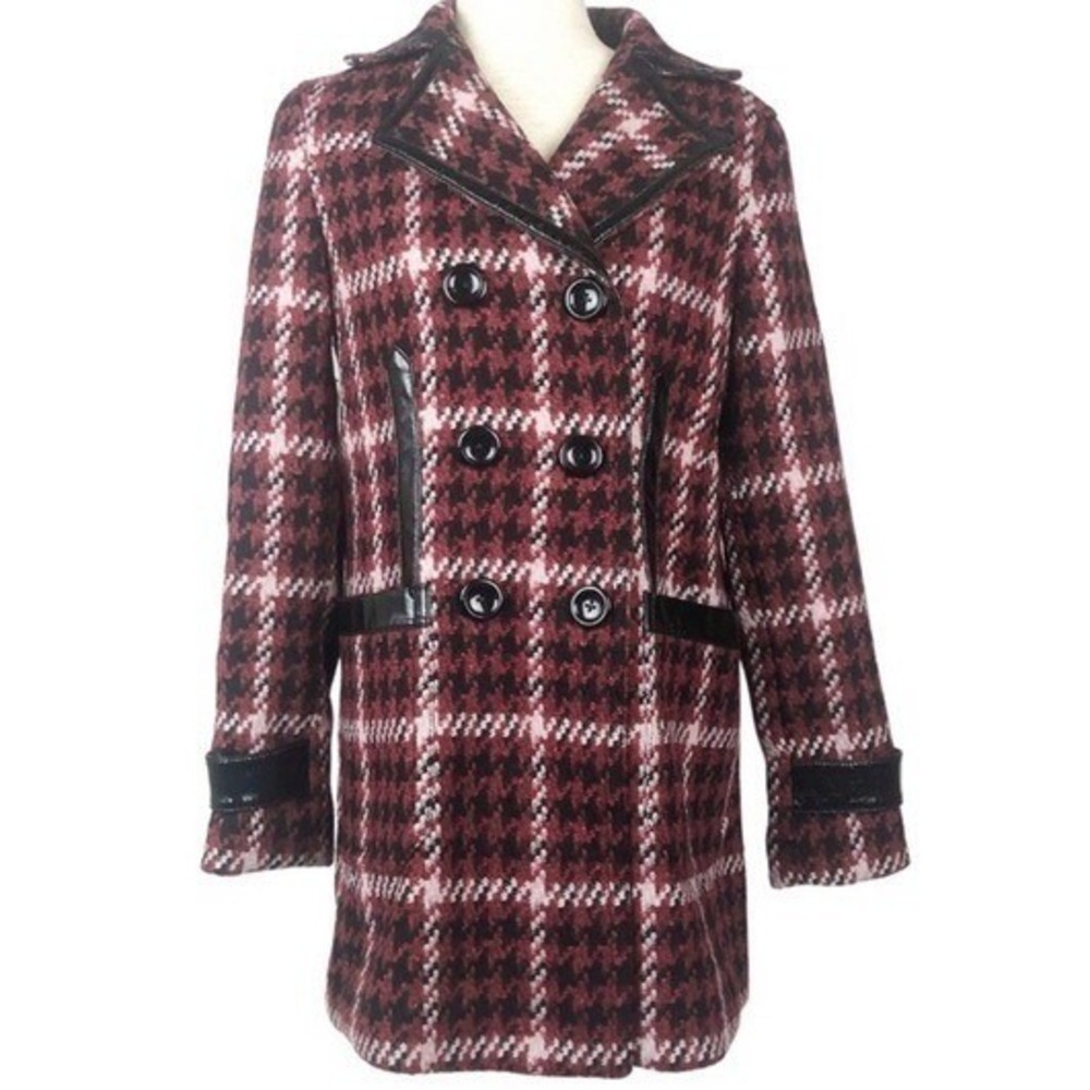 Express Womens NWT Red Houndstooth Plaid Faux Leather Trim Car Pea Coat Small - Picture 2 of 8